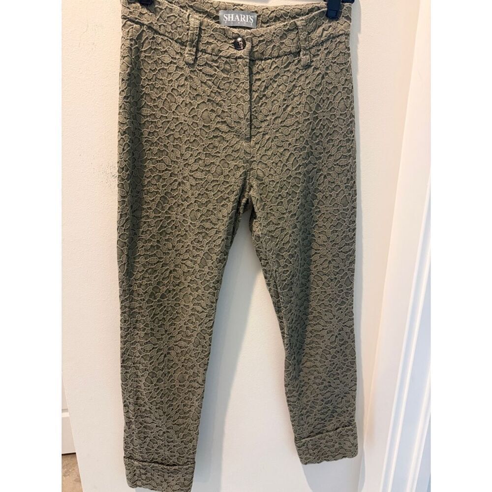 Shari’s Plave Olive Green Textured Lace Cropped Pants Cuffed size 40/ Small